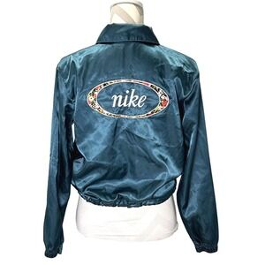 Nike Women's Satin Cropped Bomber Jacket Teal Green Embroidered Swoosh  XS‎